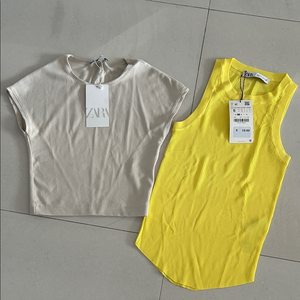 2 new Zara Short Sleeve Tops in Cream and Yellow